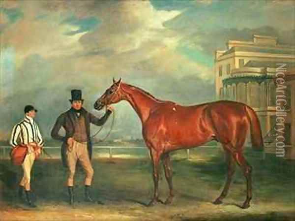 General Chasse a chestnut racehorse being held by his trainer with his jockey J Holmes standing by on Aintree racecourse Oil Painting - John Snr Ferneley