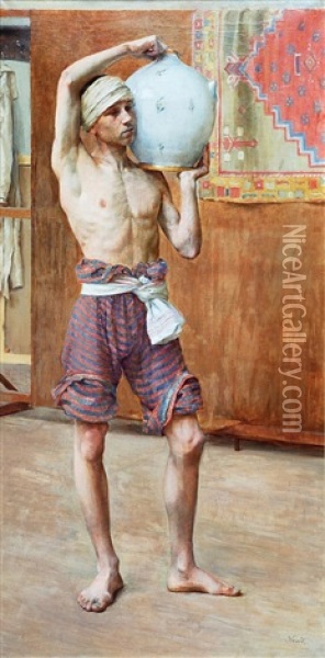 Man Nude With Vase Oil Painting - Jaroslav Kral