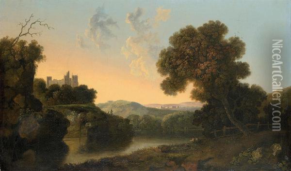 An Extensive River Landscape With A Fishermen On The Banks, A Town Beyond Oil Painting - William Groombridge
