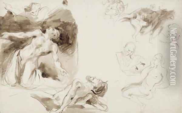 Un ange apparat à un saint agenouille, un homme nu allonge, une femme nue assise, trois tetes et un chat Oil Painting - Eugene Delacroix