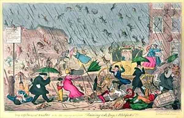 Very Unpleasant Weather or the Old Saying verified Raining Cats Dogs and Pitchforks Oil Painting - George Cruikshank I