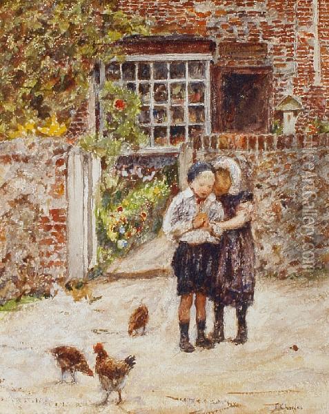 Children Feeding Chickens Outside Acottage Oil Painting - James Charles