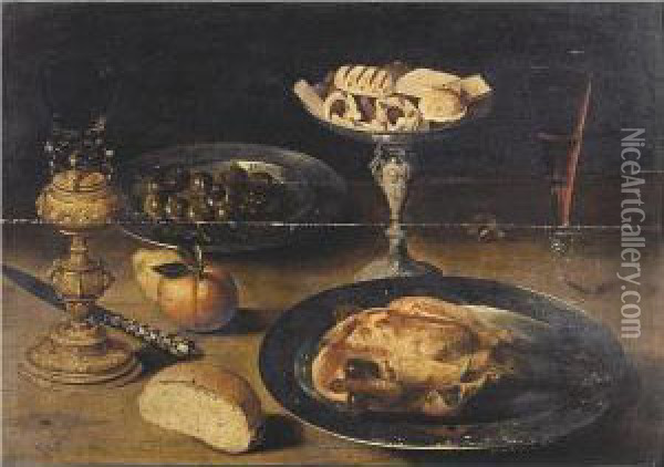 Still Life With A Roast Chicken 
On A Pewter Plate, Sweetmeats On A Tazza, A Roemer On A Gilt Stand, A 
Glass Of Wine, Olives In A Pewter Dish, A Knife, A Bread Roll And Fruit,
 All On A Table Oil Painting - Osias, the Elder Beert