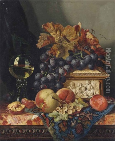 A Glass Of Wine, Grapes, Peaches, White Currants, And An Ivory Box, On A Marble Ledge Oil Painting - Edward Ladell
