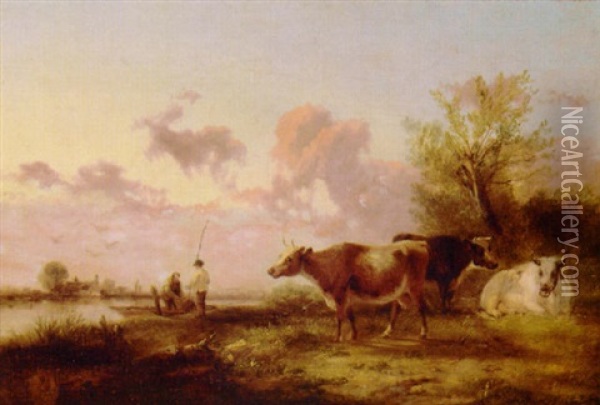 Fishermen And Cattle In A Meadow Oil Painting - George Cole