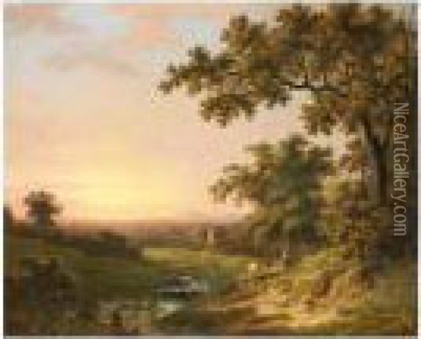 Extensive River Landscape At Sunset With A Fisherman In The Foreground Oil Painting - Abraham Pether