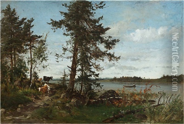 Cows By A Lake Shore Oil Painting - Magnus Hjalmar Munsterhjelm