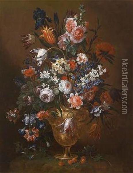 A Bouquet Of Flowers In A Magnificent Vase Oil Painting - Bartolommeo Bimbi