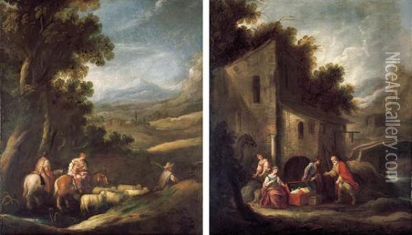 Jacob And His Household Journeying To Meet Esau; And Laban Searching For The Images Of Jacob As Secreted By Rachel Oil Painting - Ignacio de Iriarte