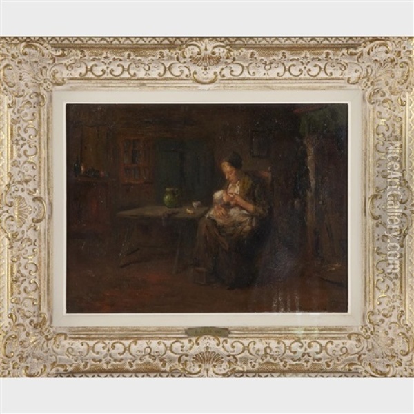 Interior With Mother Feeding Her Baby Oil Painting - Bernard de Hoog