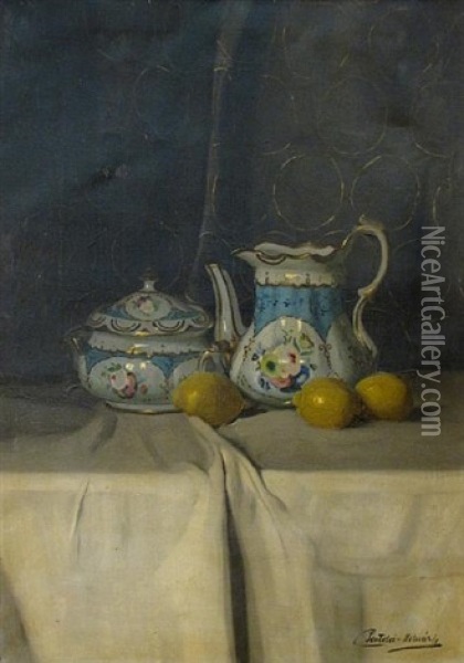 A Still Life With A Coffee Pot, A Sugar Bowl And Lemons Oil Painting - Janos Pentelei-Molnar