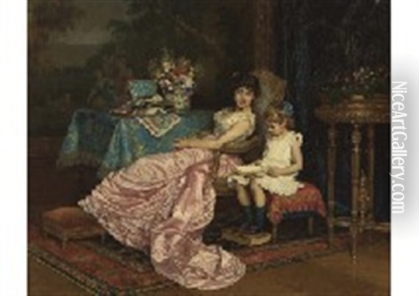 Reading Mother And Child Oil Painting - Auguste Toulmouche
