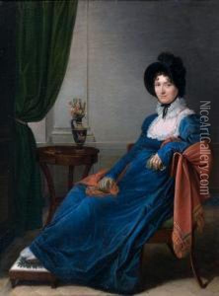 Portrait De Jeune Femme En Robe Bleu Et Chale D'indienne Rouge Oil Painting - Mathilde Malenchini