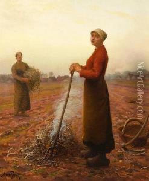 Peasant Girls In The Fields Oil Painting - Aime Perret