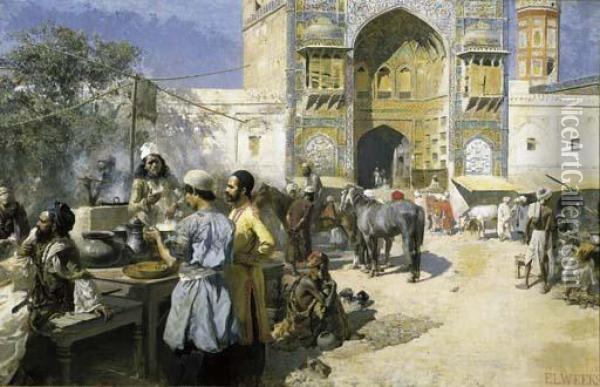 An Open-air Restaurant, Lahore Oil Painting - Edwin Lord Weeks