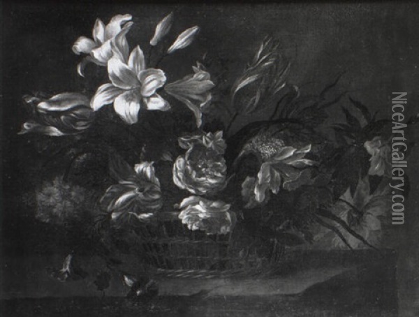 Lilies And Other Flowers In A Basket On A Ledge Oil Painting - Jean-Baptiste Monnoyer