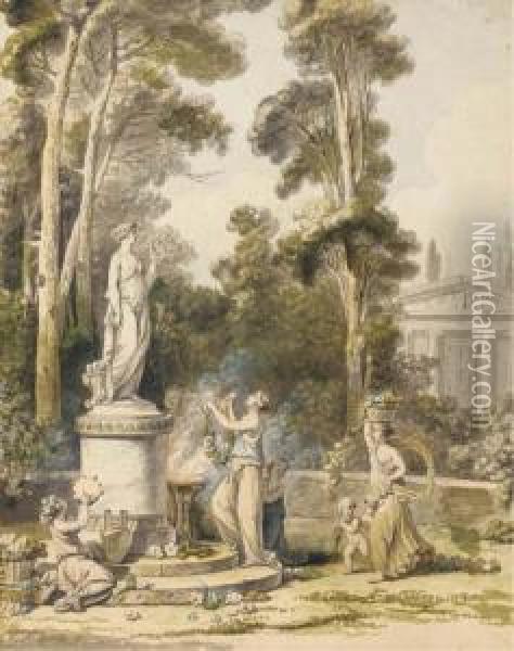 Des Jeunes Femmes Apportant Des Fleurs A Une Statue De Flore Dansun Paysage Oil Painting - Jean Jacques Francois Le Barbier
