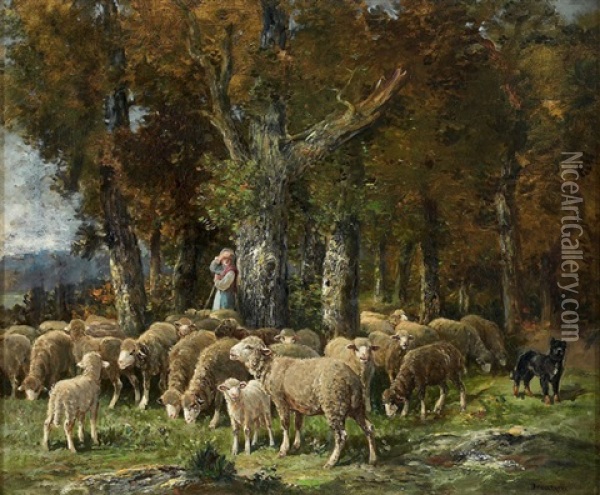 Bergere Et Son Troupeau De Moutons Oil Painting - Raymond Desvarreux