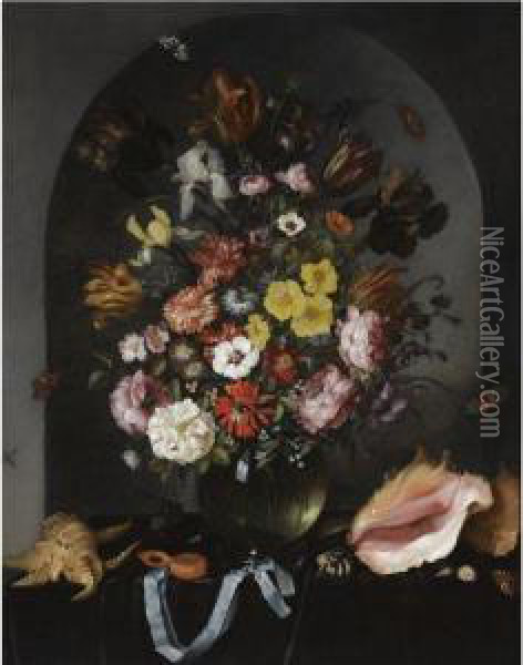 Still Life Of Roses, Tulips, Irises And Other Flowers In A Glass Vase, With Butterflies, Sea Shells And A Pocket Watch, All Arranged In A Stone Niche Oil Painting - Pieter Van De Venne
