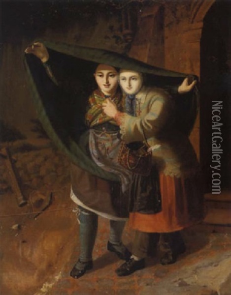 Deux Jeunes Filles Se Protegeant De La Pluie Oil Painting - Gaspard Joseph Pit Jules Starck