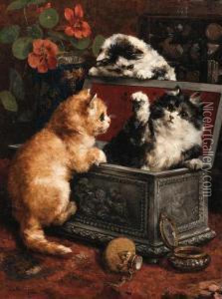 Mischievous Kittens Oil Painting - Charles van den Eycken