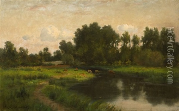 Pastoral Landscape With Cows Oil Painting - Hiram Reynolds Bloomer
