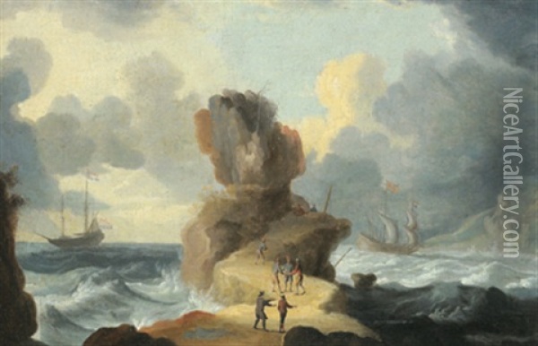 Felsige Kustenlandschaft Mit Figuren Und Schiffen Auf Bewegter See Oil Painting - Cornelis Mahu