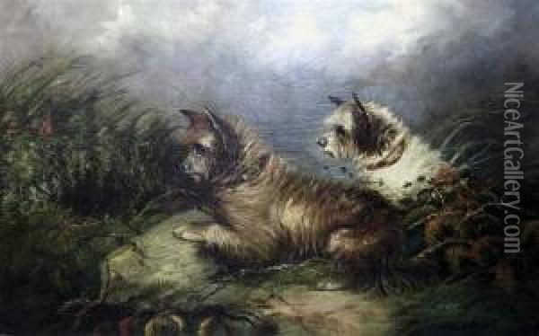 Terriers Rabbiting Oil Painting - J. Langlois