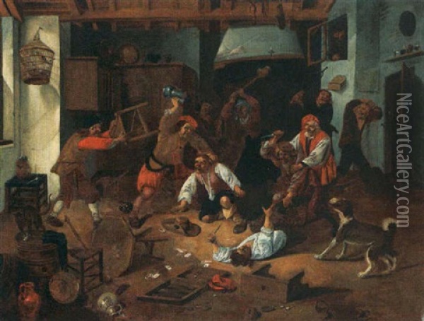 Peasants Brawling In A Tavern Oil Painting - Abraham Diepraam