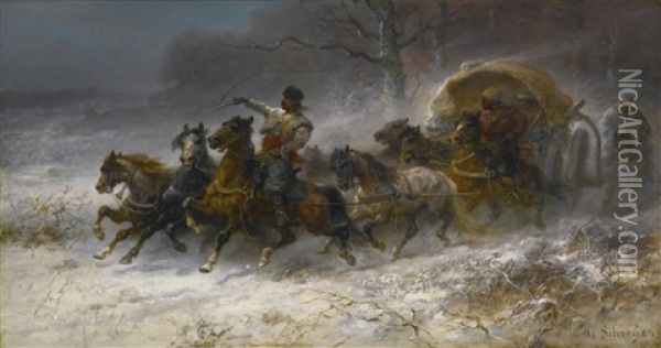 Wallachians On The Move In A Winter Landscape Oil Painting - Adolf Schreyer
