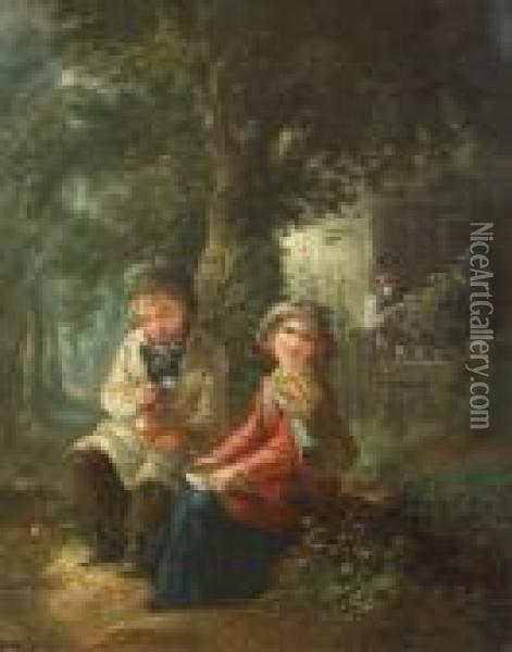 Koppel Kinderen Etend Voor Een Hoevein Het Bos Oil Painting - Paul Constant Soyer
