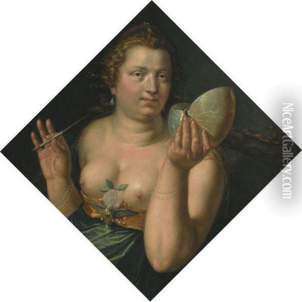 An Allegroical Female Figure, Probably Pictura, Holding Apaintbrush And Nautilus Shell Oil Painting - Hendrick Goltzius
