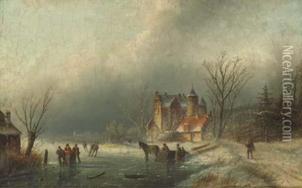 A Winter Landscape With Figures On A Frozen River Oil Painting - Jan Jacob Coenraad Spohler