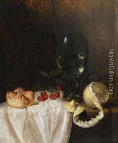 A Still Life With A Roemer, A Peeled Lemon, Cherries And A Bread Roll On A Partly-draped Table Oil Painting - Gillis Gillisz. de Berch