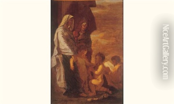La Sainte Famille Avec Saint Jean Baptiste Et Sainte Elisabeth Oil Painting - Nicolas Poussin