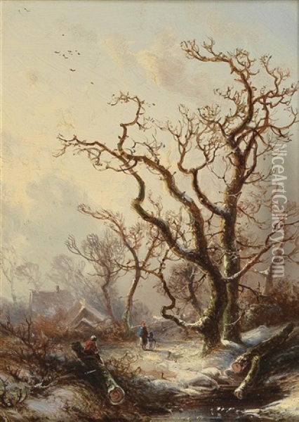Oaks In A Winter Woodland Oil Painting - Pieter Lodewijk Francisco Kluyver