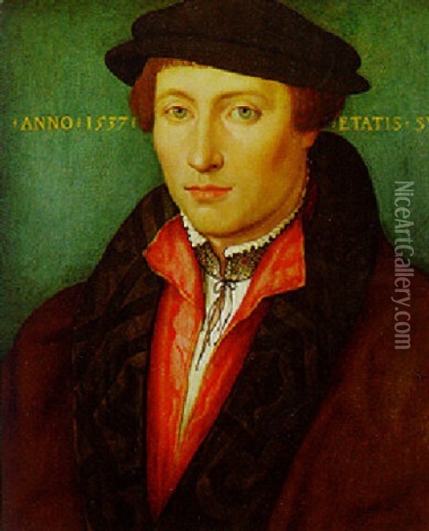 Portrait Of A Gentleman, Wearing A White Shirt, A Red Jerkin And A Full-lined Brown Coat Oil Painting - Hans Holbein the Younger