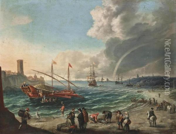 A Mediterranean Harbour Scene Oil Painting - Cornelis de Wael