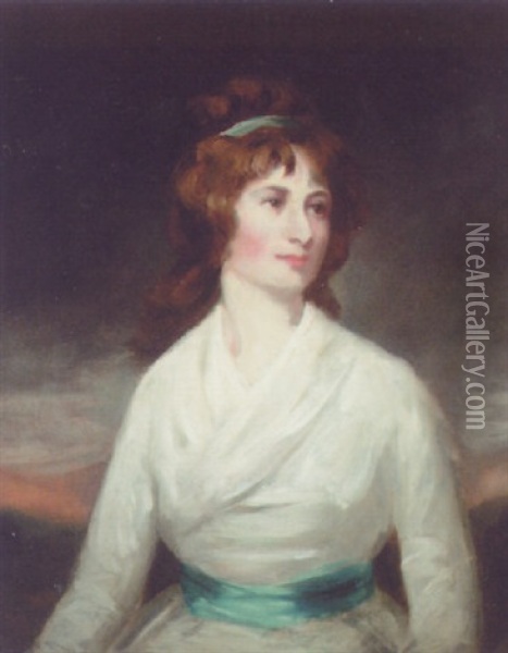Portrait Of A Lady, Arabella Ponsonby, In A White Dress With Blue Sash, In A Landscape Oil Painting - George Romney