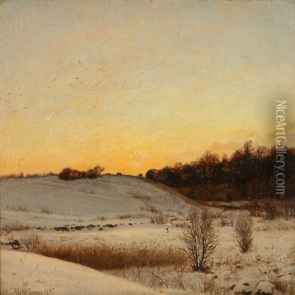 Winter Landscape With Snow Covered Fields At Sunset Oil Painting - Adolf Larsen