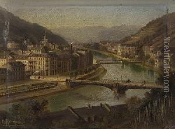 Continental Town And River, And Another Similar Oil Painting - Hubert Sattler