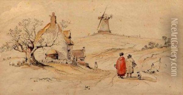 With Windmill Beyond Oil Painting - George Bryant Campion