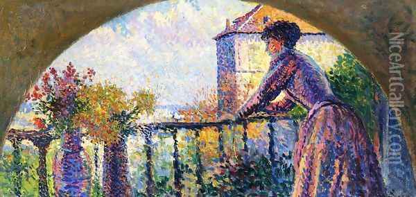 Paris, Rue Cortot, Madame Luce on the Balcony Oil Painting - Maximilien Luce