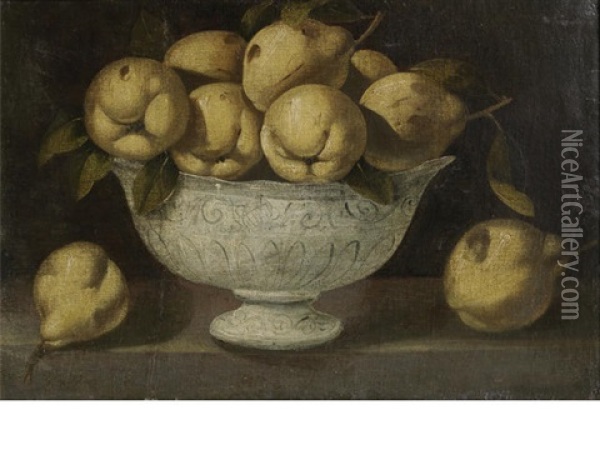 A Still Life Of Pears In An Earthenware Bowl On A Wooden Table Oil Painting - Blas de Ledesma Prado