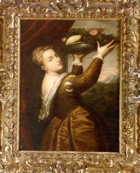 Lavinia And The Tray Of Fruit (after Titian) Oil Painting - Giuseppe Mazzolini