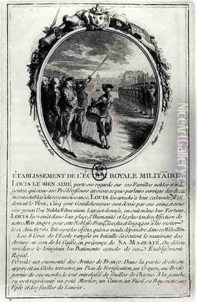 Louis XV 1710-74 Visiting the Ecole Militaire in Paris, 12nd August 1760, engraved by Antoine Duclos 1742-97 Oil Painting - Gabriel De Saint Aubin