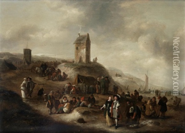 Fishermen Selling Their Catch On A Beach Oil Painting - Nicolaes Molenaer