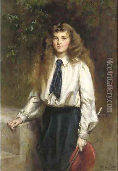 Portrait of Molly, daughter of the late Sir Arthur Pease, Bt., in a riding habit, holding a riding crop Oil Painting - Mary Lemon Waller