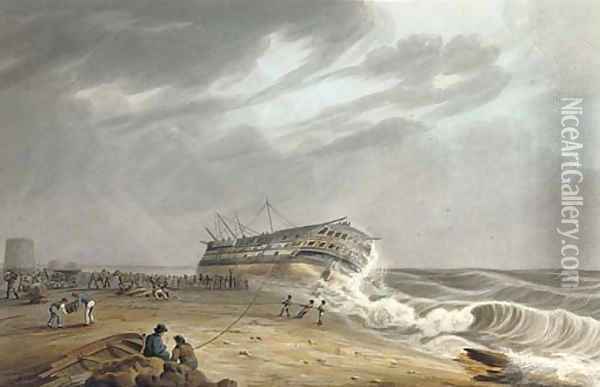 The Honourable [East India] Company's ship Thames on shore at Eastbourne, 1822 Oil Painting - William John Huggins