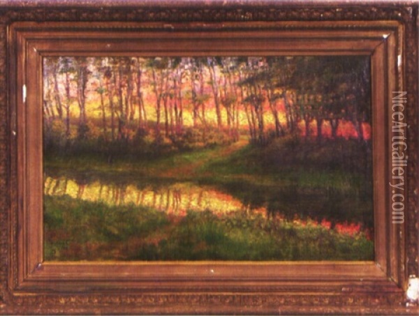 Impressionistische Waldpartie Mit Bachlauf Bei Abendrote Oil Painting - Louis Boel